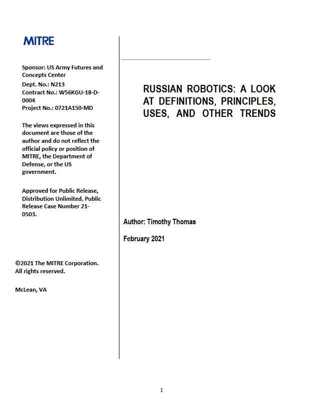 2021-04-02 Russian Robotics: A Look At Definitions, Principles, Uses, And Other Trends (Timothy Thomas)