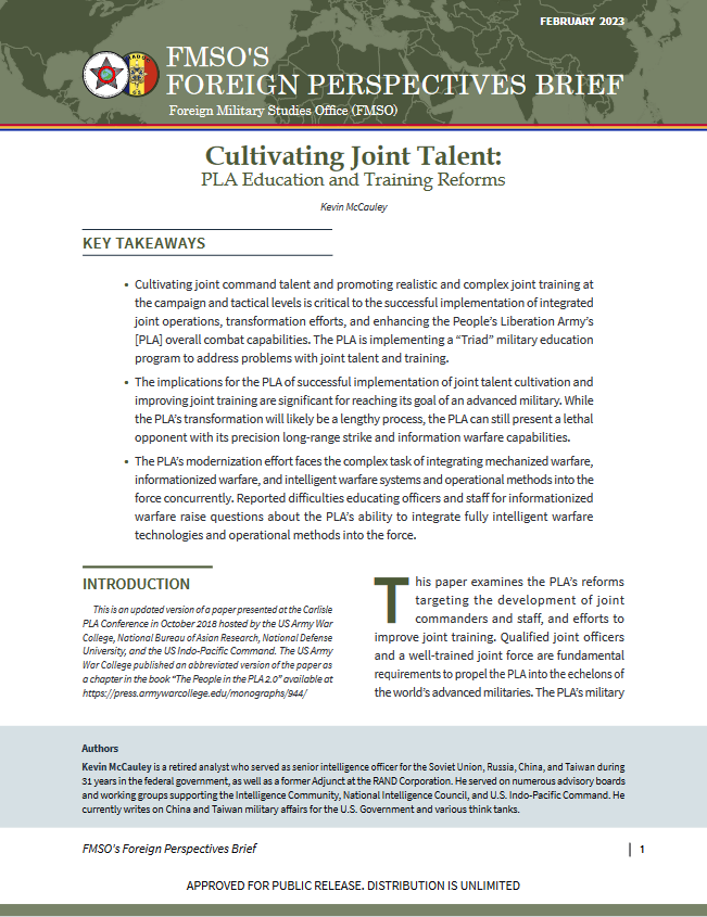 Cultivating Joint Talent: PLA Education and Training Reforms (Kevin McCauley)