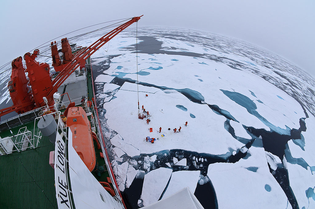 Drift ice camp in the middle of the Arctic Ocean as seen from the deck of icebreaker Xue Long.
