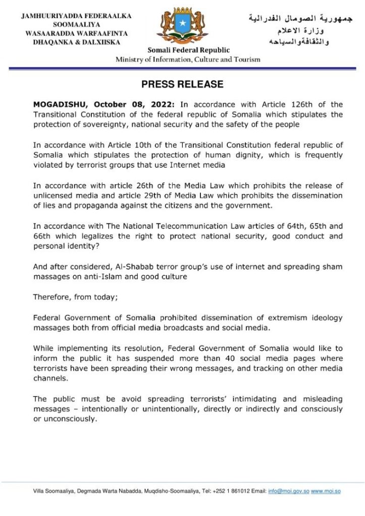 A copy of the Somali Government’s Press release on 8 October 2022, banning the dissemination of extremist ideology in formal or informal outlets.