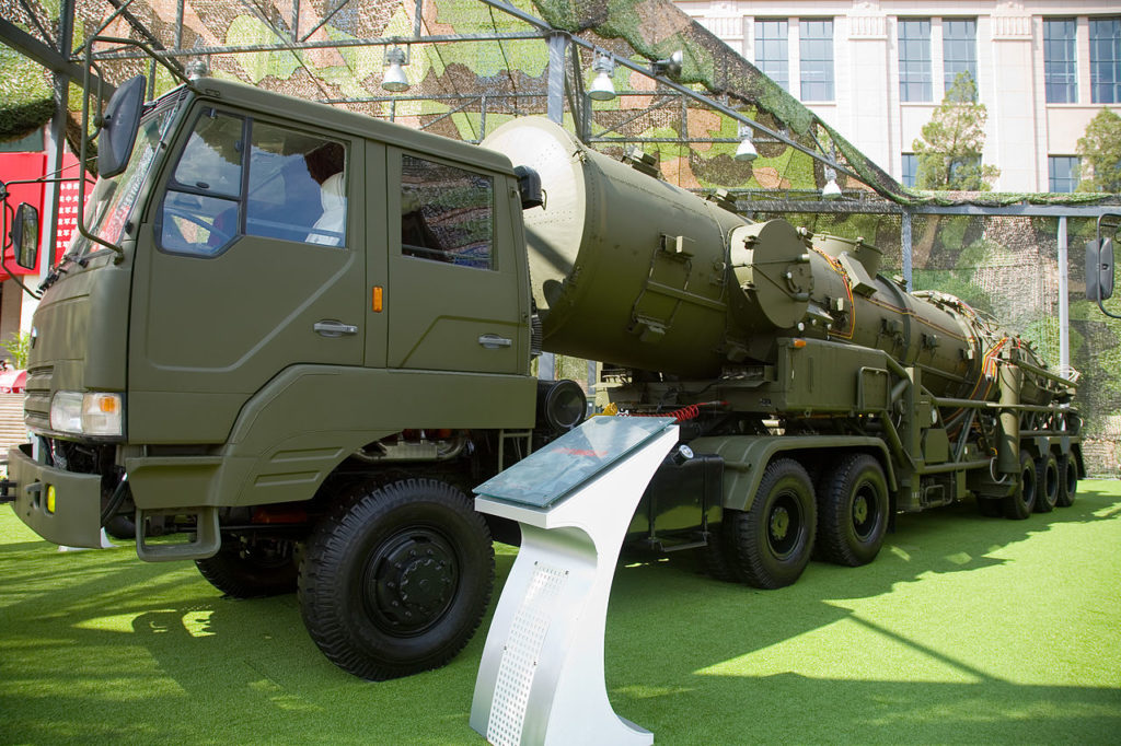 A Chinese DF-21A transporter erector vehicle on display at the "Our troops towards the sky" exhibition at the Beijing Military Museum.