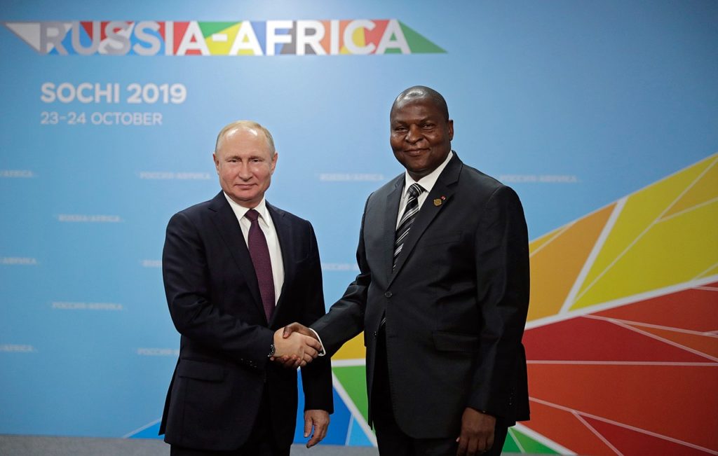 Putin with Faustin Archange Touadera, President of the Central African Republic, whose nation has used Russia’s Wagner Group on several occasions, including to prevent an overthrow of the government.