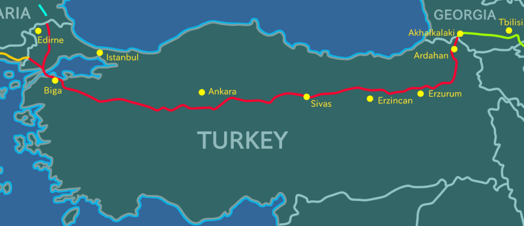 Map of the Trans-Anatolian Gas Pipeline (the central part of the Southern Gas Corridor, which connects the giant Shah Deniz gas field in Azerbaijan to Europe through the South Caucasus Pipeline and the Trans Adriatic Pipeline.