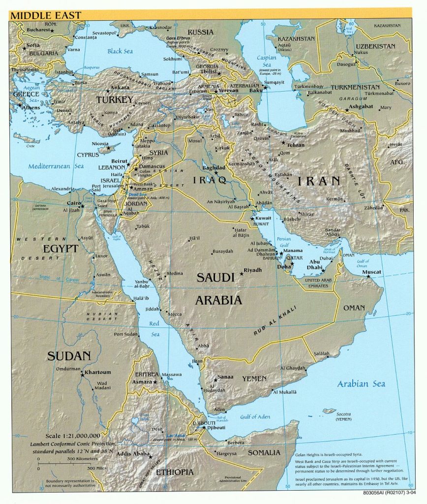 Map of the Middle East and the Arabian Peninsula.