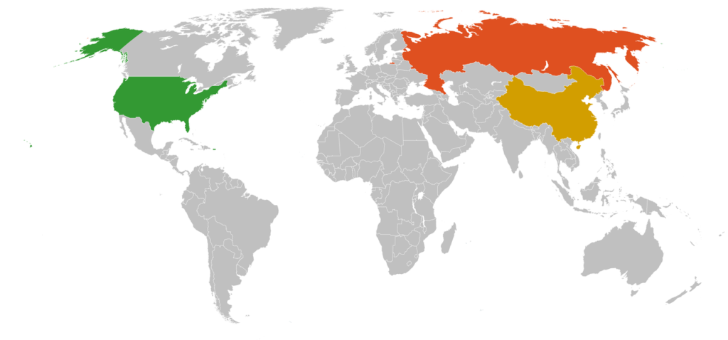 Map showing the US, Russia, China. 