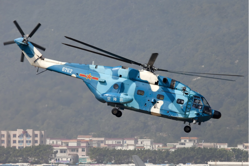 PLAAF Airborne Z-8 Helicopter (says airborne in white over the wheels)  
PLAAF Changhe Z-8KA – Zhao. 