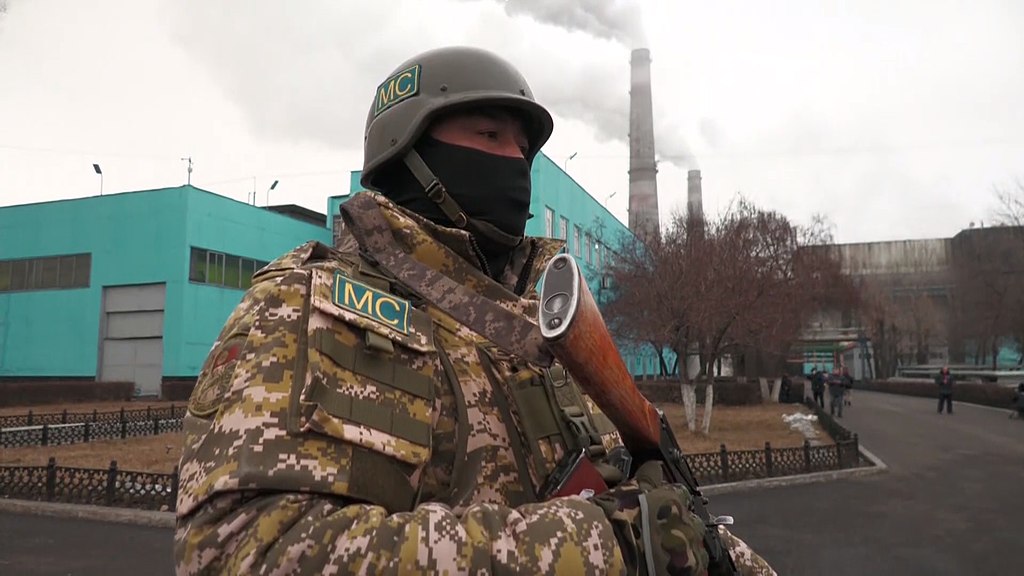 CSTO collective peacekeeping forces in Kazakhstan 2022-JAN-11, Kyrgyzstan soldier in Almaty Power Station-2.