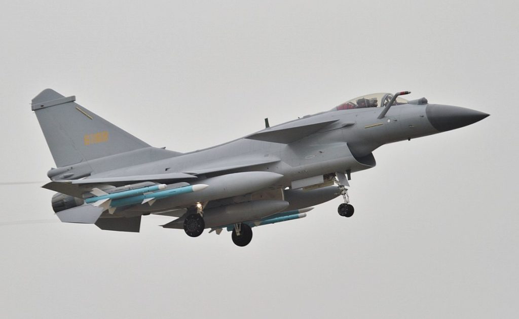 A J-10B carrying PL-10 and PL-12 air-to-air missiles landing at Zhuhai Jinwan airport ahead of Airshow China 2018.