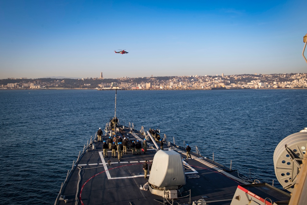 The Arleigh Burke-class guided-missile destroyer USS Donald Cook (DDG 75) arrives in Algiers, Algeria, March 5, 2019.