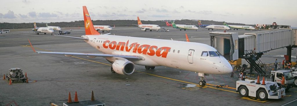 A Venezuelan plane from the state-owned airline Conviasa at Simón Bolivar Airport in Caracas.