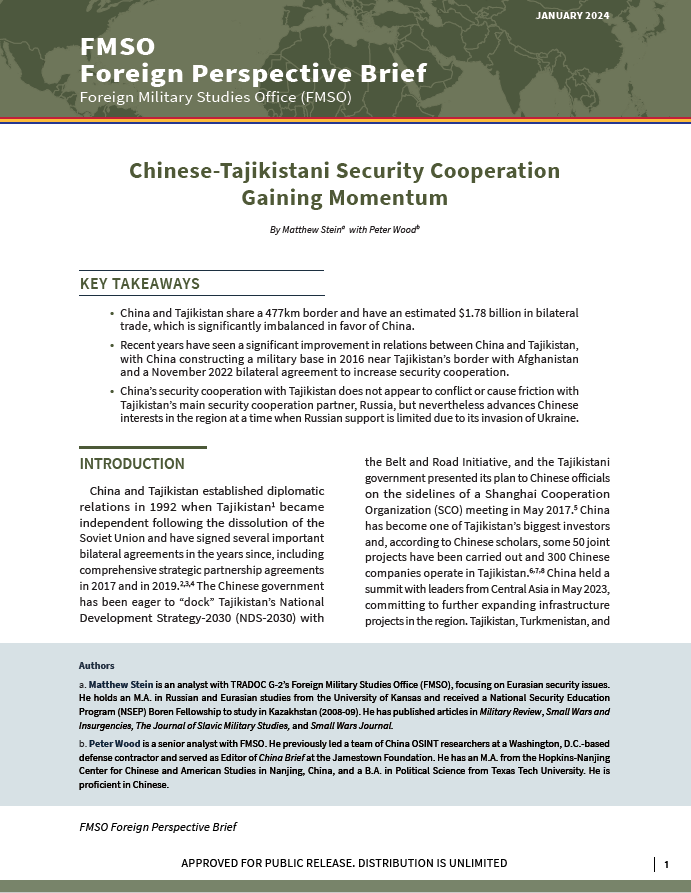 Chinese-Tajikistani Security Cooperation Gaining Momentum